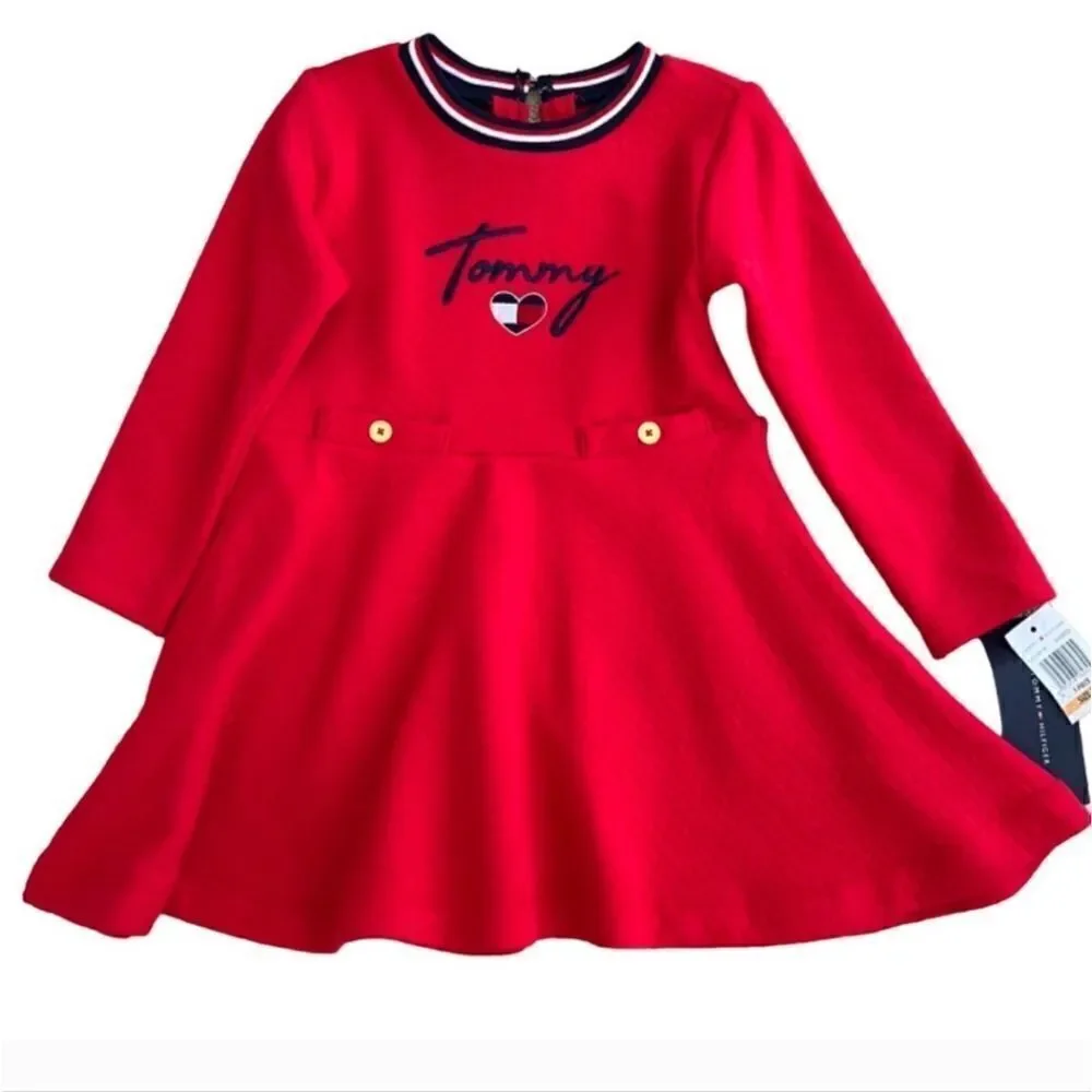TOMMY HILFIGER RED TEXTURED DOUBLE-KNIT SIGNATURE SKATER DRESS, SIZE 2T